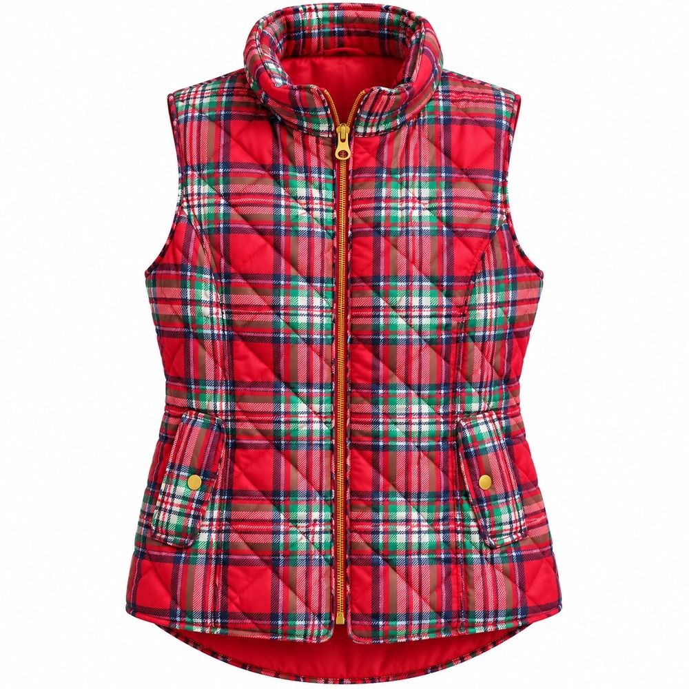 Crown & Ivy Quilted Puffer Vest Women Medium Red Tartan Plaid Zip Up PreppyL